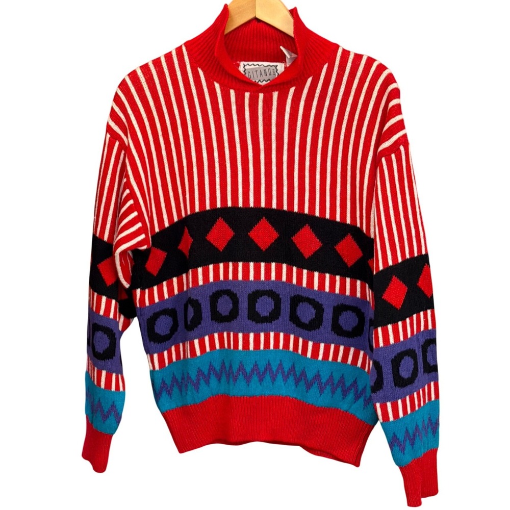 Vintage Gitano Sweater Retro Geometric 80s 90s Mock Neck Multi Patterned M Bold